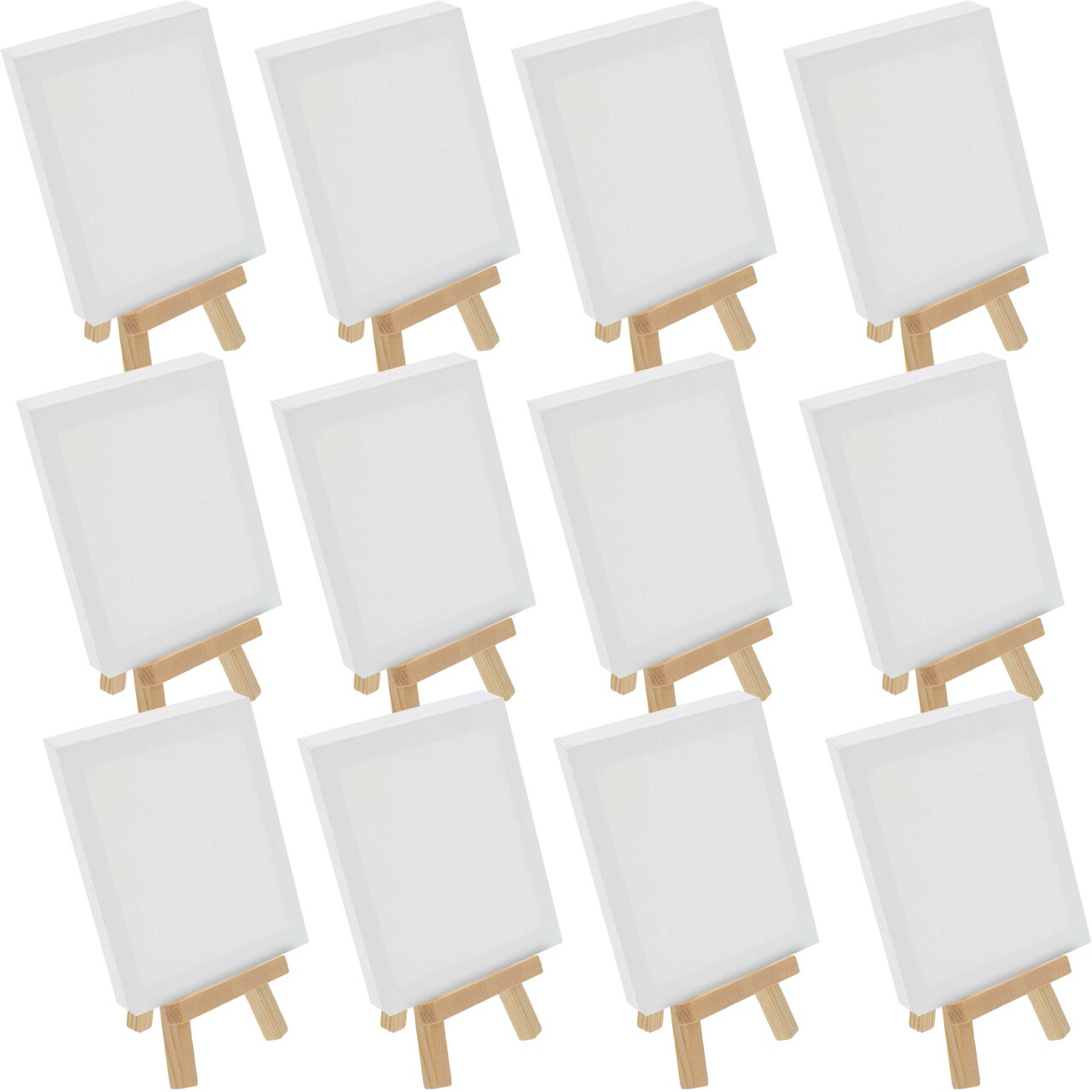 4" x 6" Stretched Canvas with 8" High Small Natural Wooden Easel (12 Pack), A-Frame Canvas Stand Tripod, Small Painting Easels - Tabletop Easel for Painting, Canvases, Student Crafts